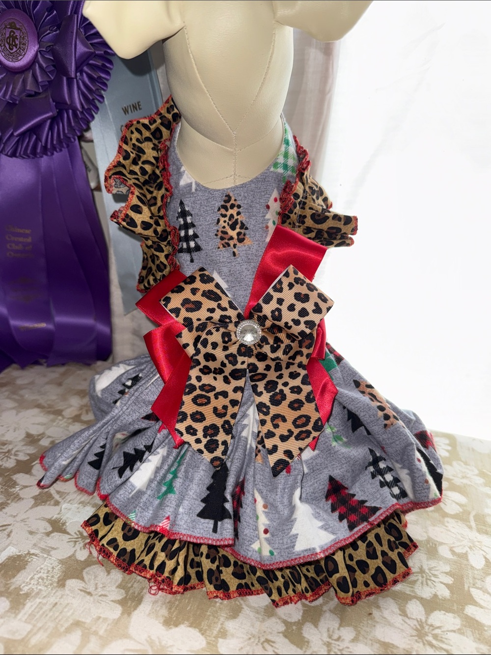 Leopard & Holiday Tree Ruffle flannel Dog Dress - Gray and Red NWOT